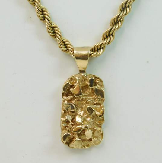 14K Yellow Gold Nugget Pendant On Chunky Rope Chain Necklace 31.8g image number 2