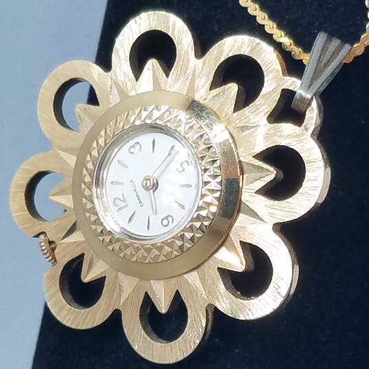 Caravelle Gold Tone Flower On Chain Vintage Automatic Manual Wind Pendant Watch image number 3
