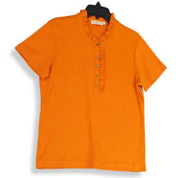 Womens Orange Short Sleeve Ruffle Collared Pullover Blouse Top Size L