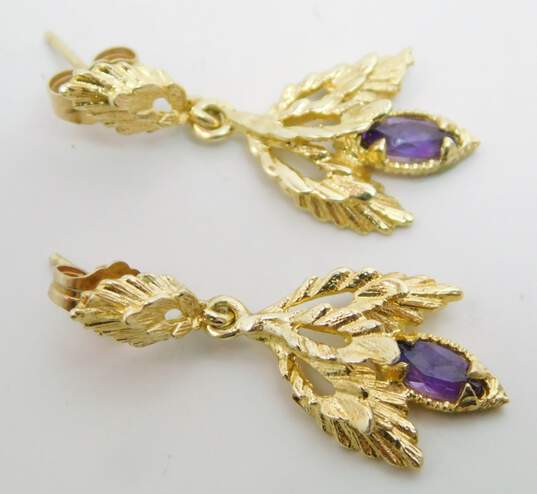 14K Gold Amethyst Marquise Accent Textured Leaves Drop Post Earrings 3.2g image number 3