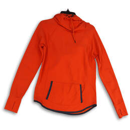 Womens Orange Thumb Hole Long Sleeve Drawstring Pullover Hoodie Size Small