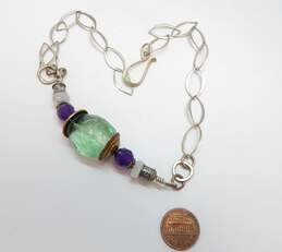 Artisan 925 Faceted Green Fluorite Amethyst & Moonstone & Textured Beads Pendant Flat Fancy Chain Necklace 33.6g alternative image