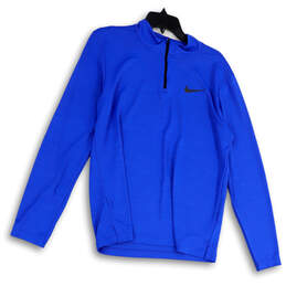 Mens Blue 1/4 Zip Mock Neck Long Sleeve Logo Pullover T-Shirt Size Medium