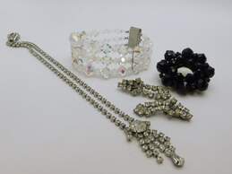 Vintage Silvertone & Goldtone Icy Rhinestones Pendant Necklace Drop Clip On Earrings Aurora Borealis Bead Bracelet & Black Crystal Brooch 88.1g
