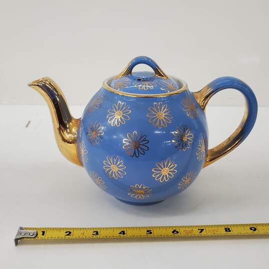HALL 0.49GL 8 Cup USA Made Blue & Gold Ceramic Teapot image number 1