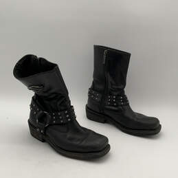 Womens Black Black Leather Studded Side Zip Motorcycle Boots Size 6.5M