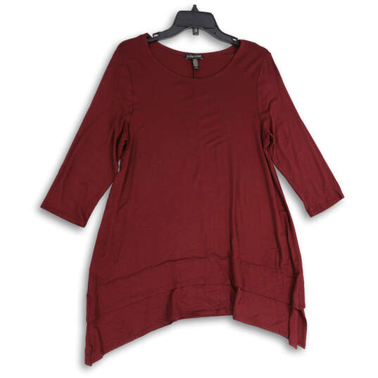 Womens Maroon 3/4 Sleeve Round Neck Asymmetrical Hem Tunic Blouse Top Size M image number 1