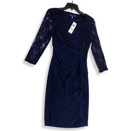 NWT Womens Blue Lace Long Sleeve Round Neck Ruffled Sheath Dress Size 8