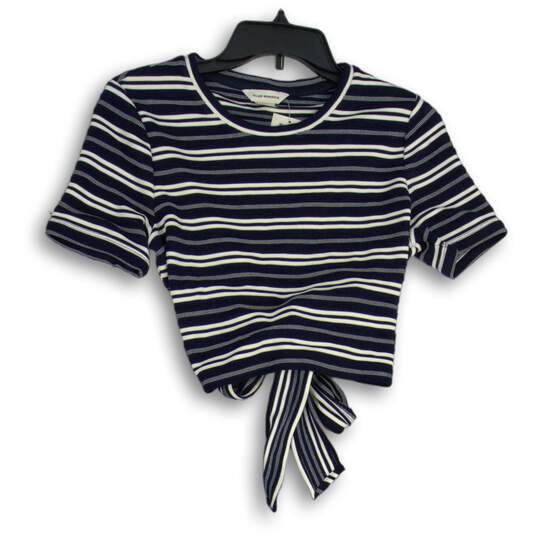 NWT Womens Navy Blue White Striped Round Sleeve Pullover Blouse Top Size M image number 1