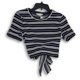 NWT Womens Navy Blue White Striped Round Sleeve Pullover Blouse Top Size M