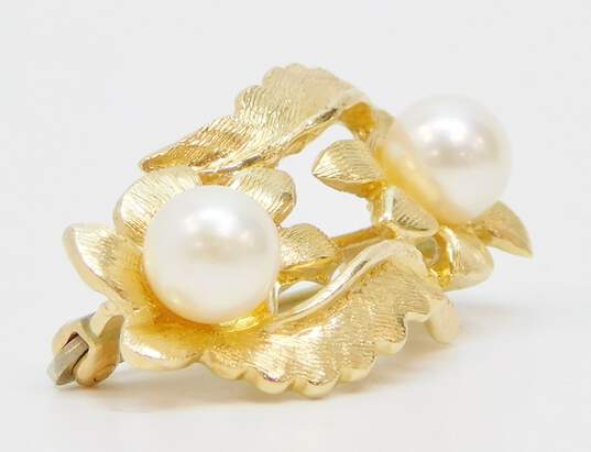 Scalle 14K White Pearls Brushed Textured Flowers & Leaves Brooch 3.9g image number 2