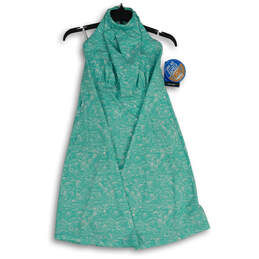 NWT Womens Turquoise White Printed Sleeveless Halter Neck  A-Line Dress Sz S