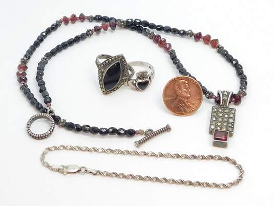 Romantic 925 Garnet & Marcasite Pendant Onyx Bali Beaded Necklace Marquise & Claddagh Rings & Twisted Herringbone Chain Bracelet 28.5g image number 5