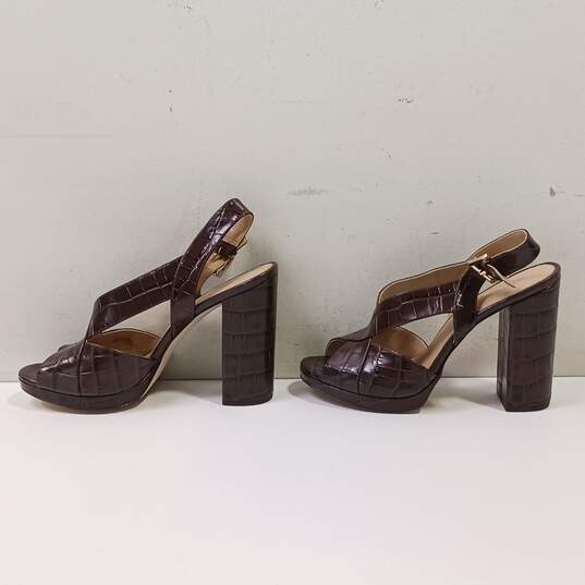 Michael Kors Women's Brown Leather Croc Embossed Chunky Heel Peep Toe Sandals Size 9M image number 3
