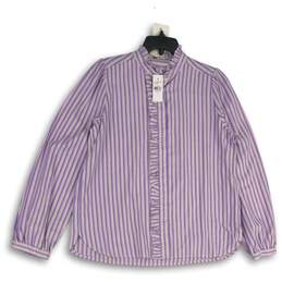 NWT Loft Womens Purple Striped Ruffle Long Sleeve Blouse Top Size Small