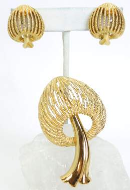 Vintage Monet Gold Tone Mushroom Clip-On Earrings & Brooch Demi Parure 43.7g