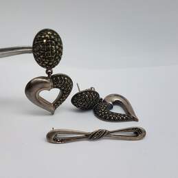 Vintage Sterling Silver Marcasite Brooch Heart Dangle Omega Back Earring Bundle 2pcs 26.6g