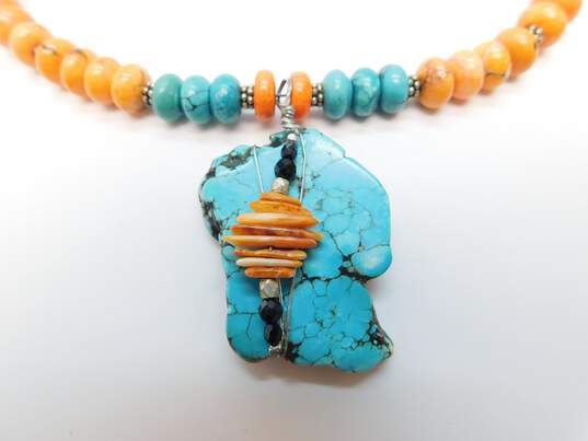 Artisan 925 Turquoise Wire Wrapped Slab Pendant & Orange Dyed Howlite Beaded Statement Necklace 88g image number 2