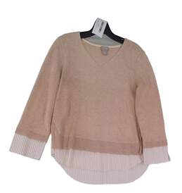 Womens Beige Long Sleeve V Neck Casual Pullover Sweater Size 1