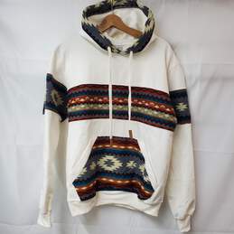 Pullover Hoodie White with Multicolor Aztec Southwestern Designs Size M