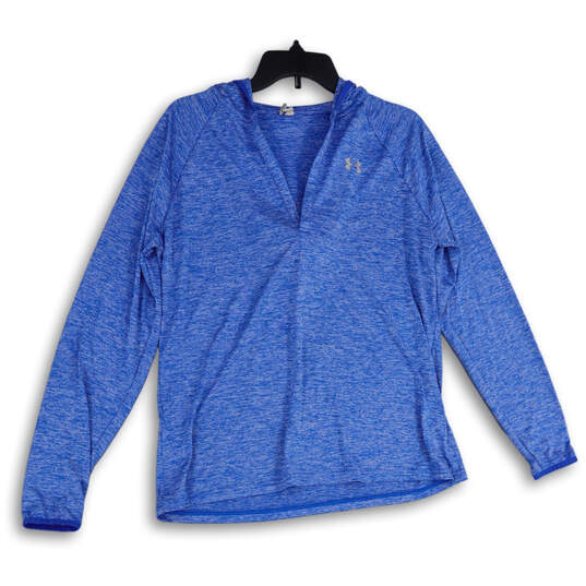 Womens Blue Long Sleeve V-Neck Hooded Pullover Activewear T-Shirt Size XL image number 1