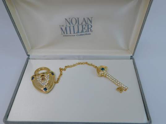 VNTG Signed Nolan Miller Glamour Collection Lock & Key Chatelaine Rhinestone Brooch IOB image number 1