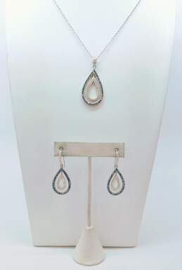 Contemporary 925 Clear & Grey Rhinestones Pave Nested Teardrop Pendant Necklace & Matching Drop Earrings Set 13.7g