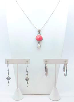Artisan 925 Pink Shell & White Pearl Pendant Liquid Silver Multi Chain Necklace Pearls & Bali Bead Drop & Hoop Earrings 25.6g