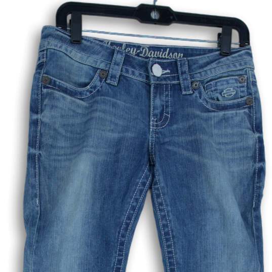 NWT Harley Davidson Womens Blue Denim Medium Wash Bootcut Leg Jeans Size 4P image number 3