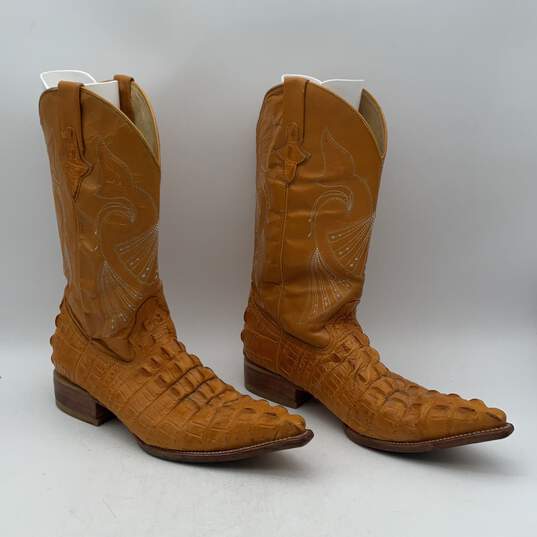 Mexican Mens Yellow Leather Alligator Mid Calf Cowboy Western Boots Size 9 image number 2