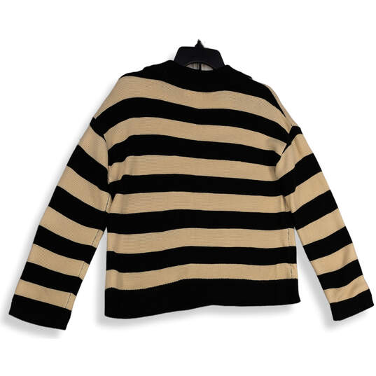 Womens Black Beige Striped Knitted Collared Pullover Sweater Size Small image number 2