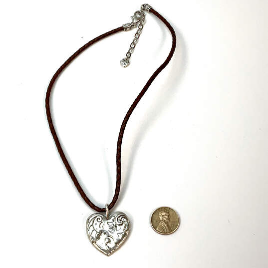 Designer Brighton Silver-Tone Brown Leather Cord Heart Pendant Necklace image number 3