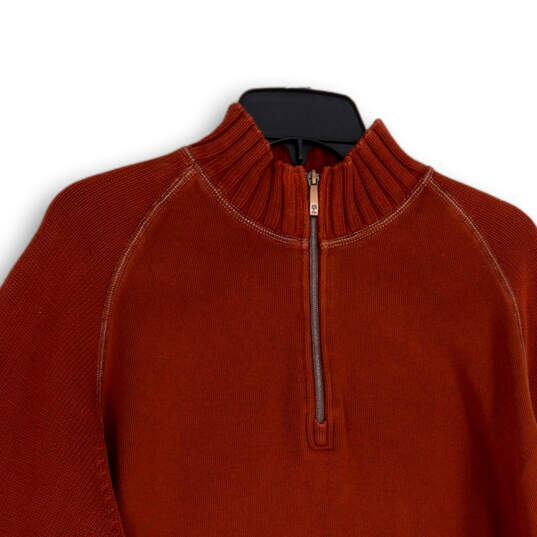Mens Orange Tight-Knit Mock Neck 1/4 Zip Pullover Sweater Size Large image number 3