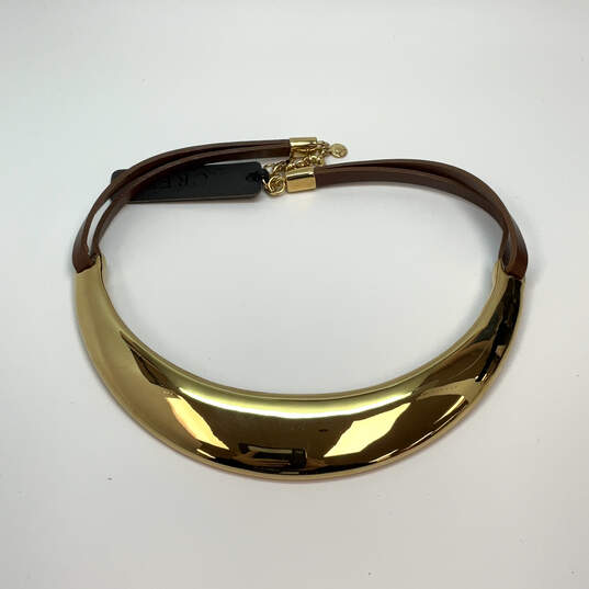 Designer J. Crew Gold-Tone Ring Clasp Brown Leather Strap Choker Necklace image number 2