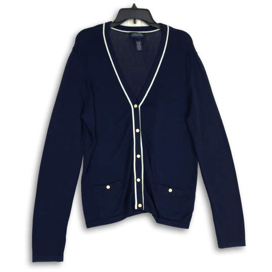 Womens Navy Blue Knitted V-Neck Button Front Cardigan Sweater Size Large image number 1
