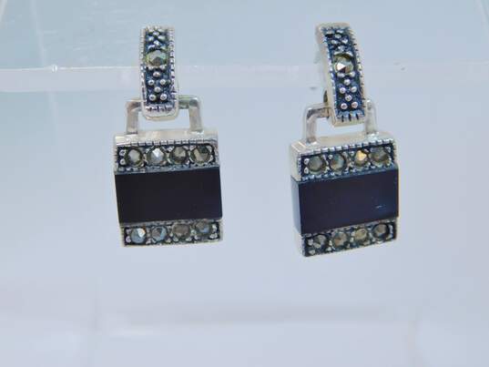 925 Sterling Silver Onyx Drop Earrings Judith Jack Mother of Pearl & Marcasite Station Necklace & CZ Ring 30.1g image number 8
