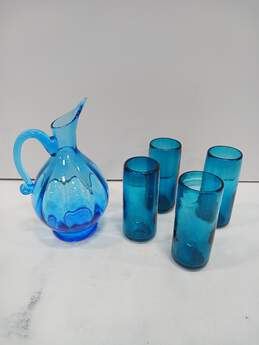 Lot of Four Blue Glass Blown Cups and Pitcher (Pitcher And Cups Don't Quite Match - They Do Color Wise)