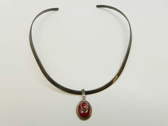 Mexican Artisan 925 Sterling Silver Red Jasper Inlay Pendant On Collar Necklace 35.5g image number 3