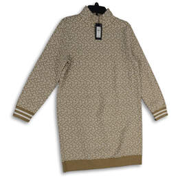 NWT Womens Brown Ivory Printed Mock Neck Long Sleeve Sweater Dress Size L