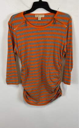 Michael Kors Womens Orange Gray Striped Long Sleeve Round Neck Blouse Top Sz L