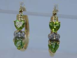 14K Gold Peridot Faceted Hearts & Sapphire Accented Hoop Earrings 3.8g alternative image