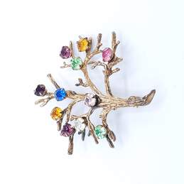 925Sterling Silver Gold Plated Tree Brooch w/ Glass