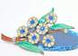 Vintage Silvertone Blue & Clear Rhinestones Flowers Green & Brown Enamel Leaves Statement Brooch 25g image number 3