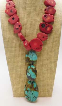 Artisan Silvertone Southwestern Turquoise Graduated Tumble Pendant Red Coral Slices Beaded Statement Collar Necklace 255g