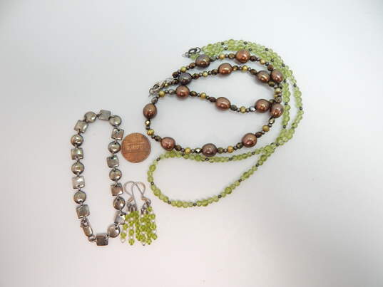 Artisan 925 Brown & Green Pearls & Peridot & Ball Beaded Necklaces Tassels Drop Earrings & Puffed Circles & Squares Linked Bracelet 53g image number 2