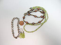 Artisan 925 Brown & Green Pearls & Peridot & Ball Beaded Necklaces Tassels Drop Earrings & Puffed Circles & Squares Linked Bracelet 53g alternative image