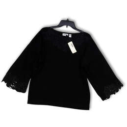 NWT Womens Black Embroidered Boat Neck Long Sleeve Pullover Blouse Top Size 2