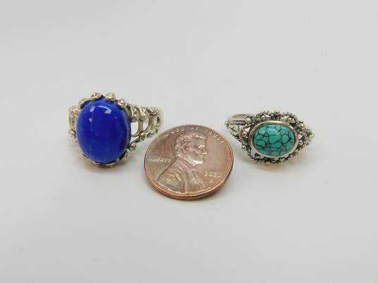 Artisan 925 Lapis Lazuli Cabochon Brutalist & Faux Turquoise Stamped Leaves Rings 10.5g image number 4