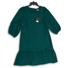 NWT Womens Emerald Green Ruffle Hem Round Neck Back Zip A-Line Dress Size 8
