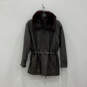 Womens Brown Leather  Long Sleeve Fur Collar Belted Full-Zip Jacket Size XS image number 1